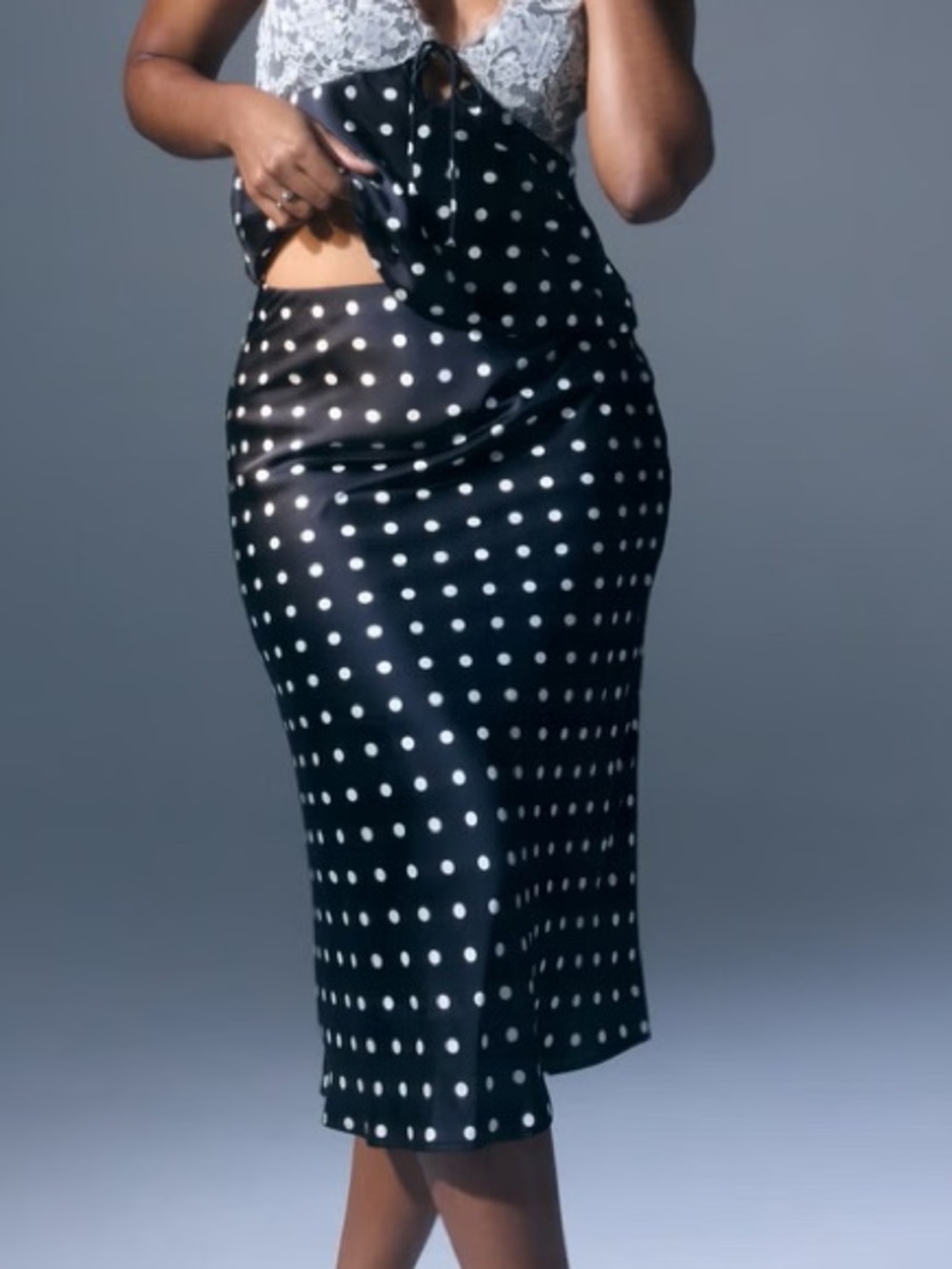 Abercrombie NEW Polka Dot Satin Midi Skirt Black White